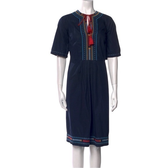 Talitha Blue Boho Embroidered Midi Dress with Tassel Tie 100% Cotton - Picture 1 of 11